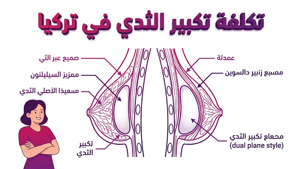  إنفوجرافيك طبي يشرح علم التشريح وطرق وضع الغرسات المرتبطة بـ تكلفة تكبير الثدي في تركيا بأسلوب الرسم الهندسي.