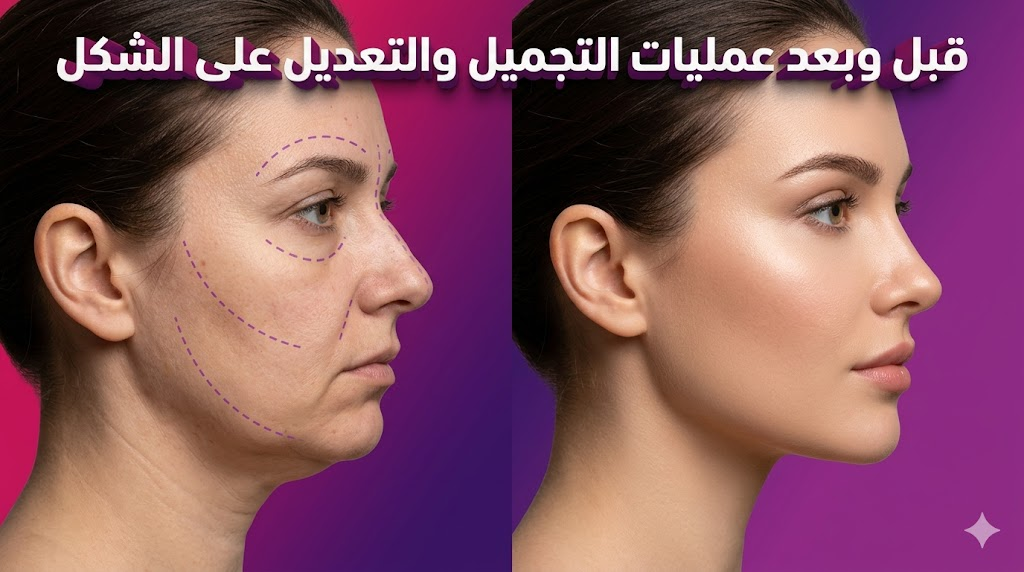  صورة مقارنة قبل وبعد عمليات التجميل والتعديل على الشكل تظهر تحسن ملامح الوجه وتناسقها بأسلوب احترافي وخلفية متدرجة الألوان.