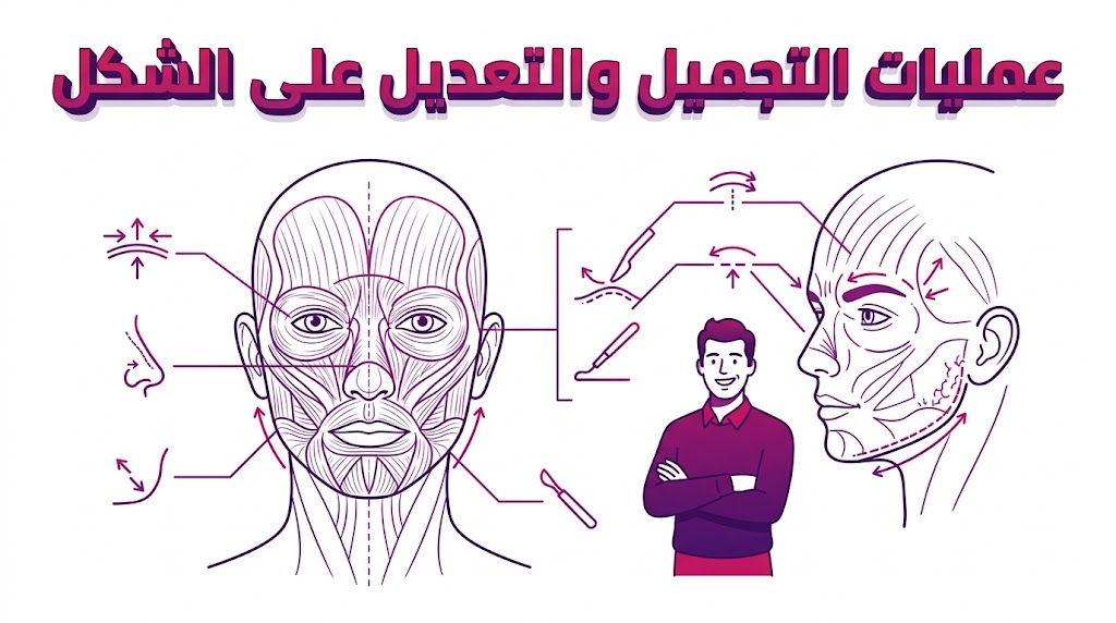 إنفوجرافيك طبي يوضح العلم التشريحي خلف عمليات التجميل والتعديل على الشكل مع رسم تخطيطي لهيكلية الوجه وتناسقه.
