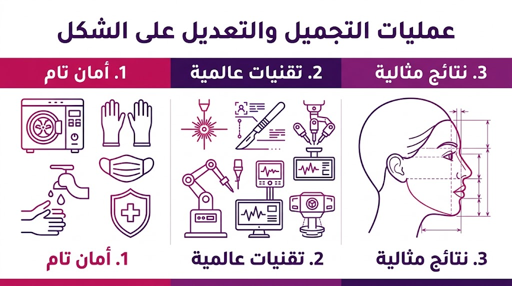 بوستر إنفوجرافيك مقسم لثلاثة أقسام يشرح مزايا عمليات التجميل والتعديل على الشكل من حيث الأمان والتقنيات والنتائج.