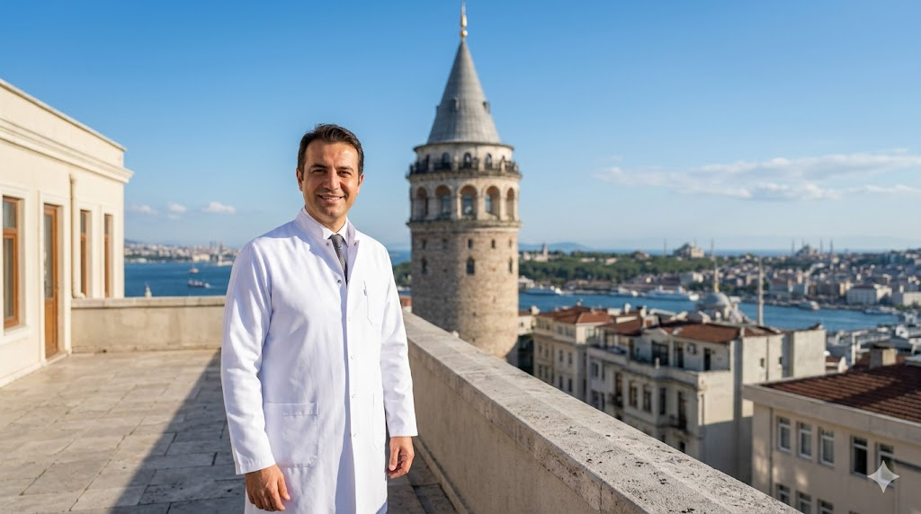  طبيب تجميل محترف يقف أمام برج غالاتا في إسطنبول، يمثل الخبرة والتميز في عمليات التجميل والتعديل على الشكل.