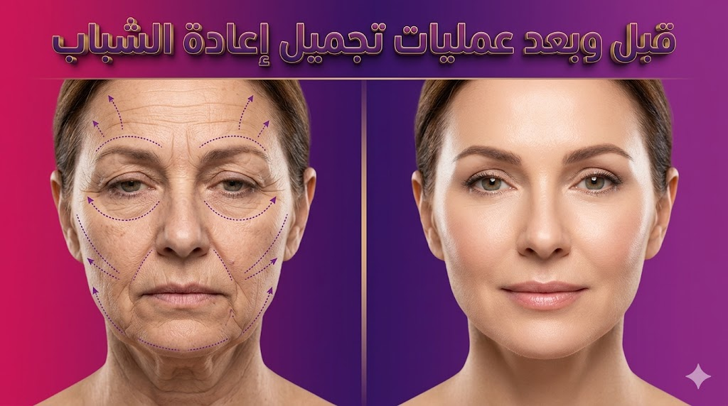 مقارنة قبل وبعد توضح نتائج عمليات تجميل إعادة الشباب مع علامات التخطيط الطبي والبشرة المشدودة المثالية.
