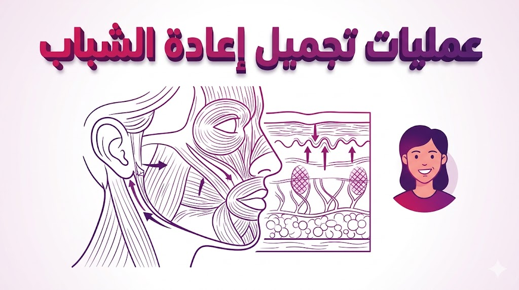 إنفوجرافيك طبي تشريحي يوضح الطبقات العضلية والجلدية المستهدفة في عمليات تجميل إعادة الشباب بشكل علمي مبسط.