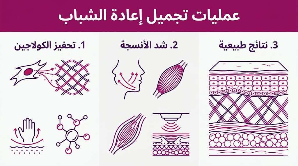  ملصق إنفوجرافيك يوضح ثلاث مراحل أساسية لنجاح عمليات تجميل إعادة الشباب من تحفيز الكولاجين إلى النتائج النهائية.