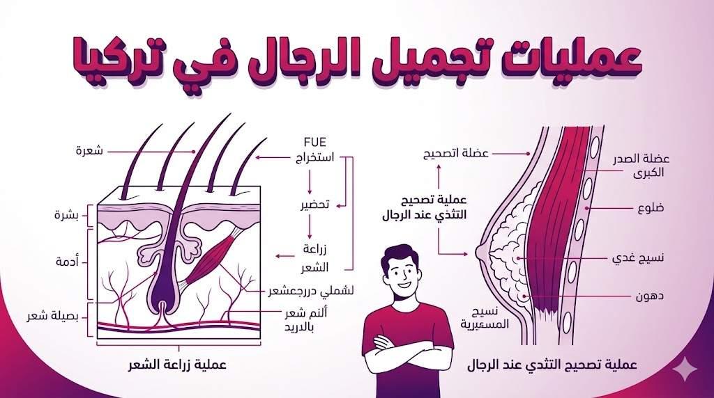  مخطط طبي توضيحي يشرح التفاصيل العلمية والتشريحية لـ عمليات تجميل الرجال في تركيا.