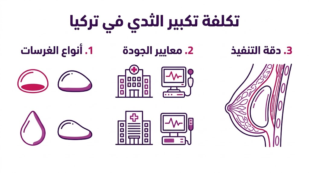  بوستر إنفوجرافيك مقسم لثلاثة أجزاء يوضح جودة الغرسات والمعايير الطبية المتبعة ضمن تكلفة تكبير الثدي في تركيا.