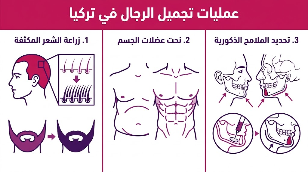  إنفوجرافيك علمي يلخص أهم 3 إجراءات ضمن عمليات تجميل الرجال في تركيا: زراعة الشعر، نحت الجسم، وتحديد الملامح.