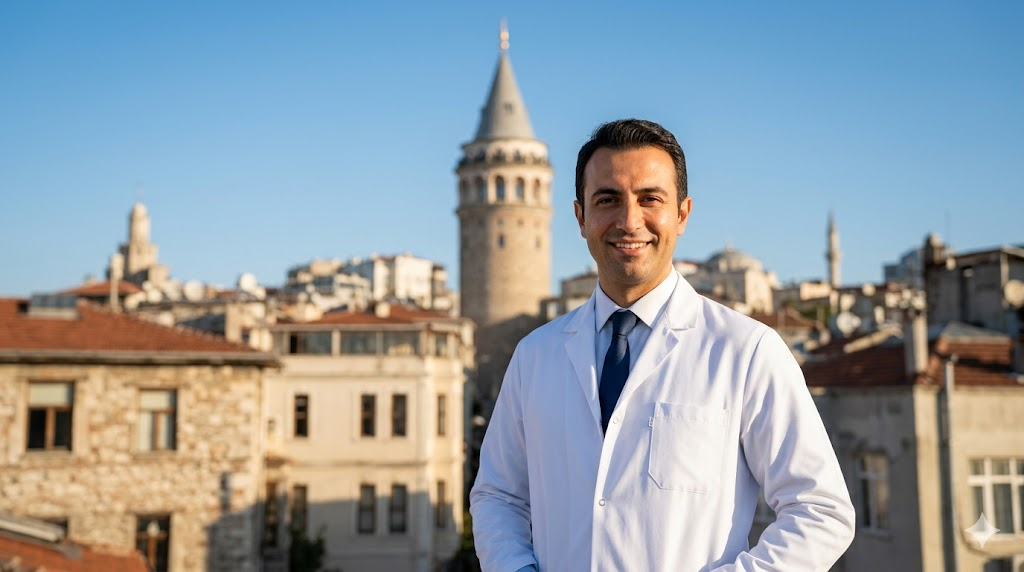  طبيب تجميل متخصص يقف أمام برج غالاتا في إسطنبول، رمزاً للجودة في عمليات تجميل الرجال في تركيا.
