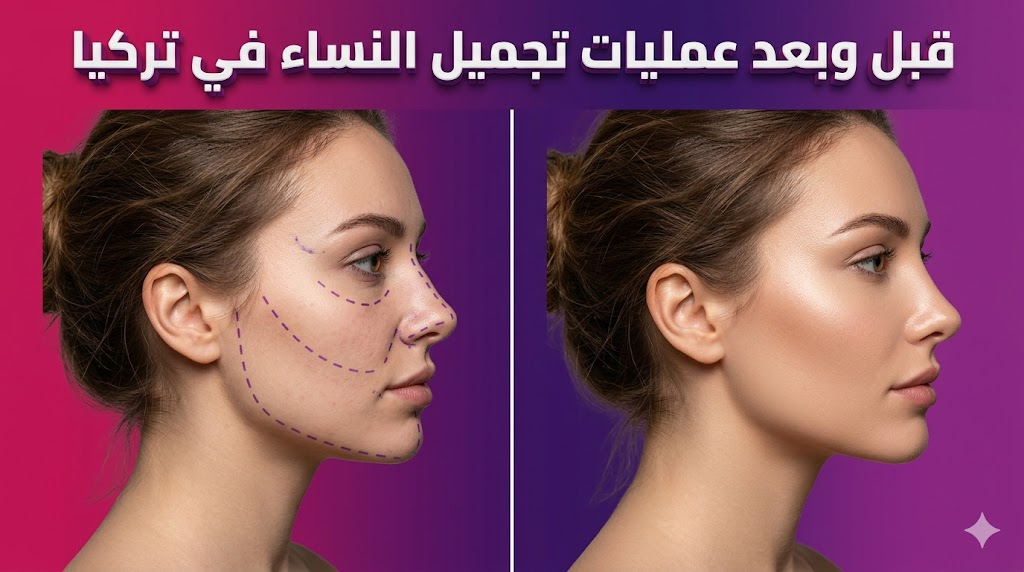 صورة "قبل وبعد" توضح نتائج عمليات تجميل النساء في تركيا مع علامات التخطيط الجراحي والنتائج النهائية المذهلة.