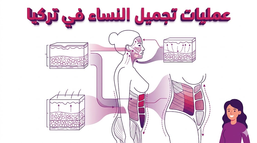 إنفوجرافيك تعليمي يوضح المخطط التشريحي والعلمي المتبع في عمليات تجميل النساء في تركيا.