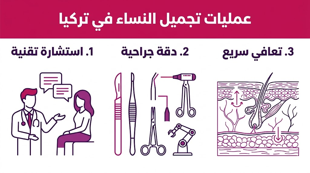 بوستر إنفوجرافيك مقسم لثلاث مراحل توضح خطوات عمليات تجميل النساء في تركيا من الاستشارة حتى التعافي.