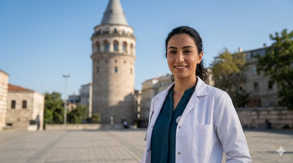 طبيب تجميل متخصص يقف أمام برج غالاتا في إسطنبول كرمز لثقة وجودة عمليات تجميل النساء في تركيا.