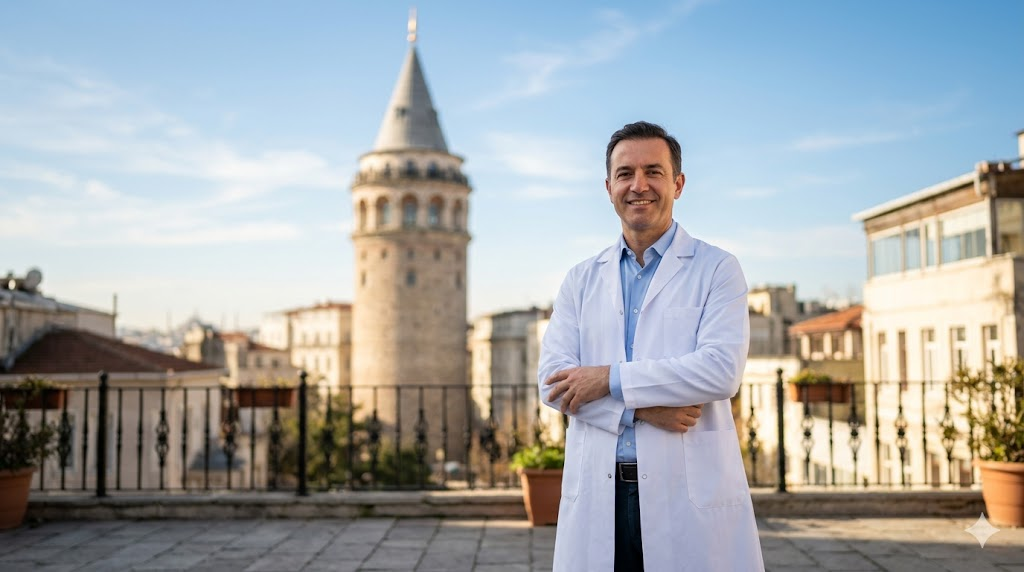  جراح تجميل خبير يقف ببراعة أمام برج غالاتا في إسطنبول، لتمثيل وجهة السياحة العلاجية الرائدة لإجراء عمليات تجميل كبار السن.