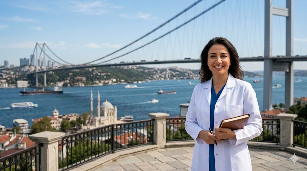 جراح تجميل تركي يقف أمام جسر البوسفور في اسطنبول، يمثل الثقة والخبرة في تقديم خدمات تكلفة تكبير الثدي في تركيا.