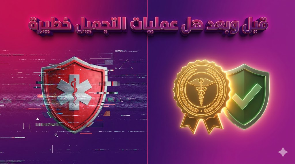 مقارنة بصرية رمزية توضح الفرق بين القلق من المخاطر وضمان الأمان عند التساؤل هل عمليات التجميل خطيرة.