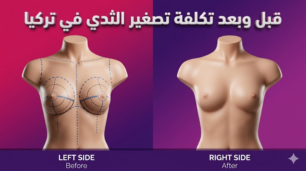مقارنة قبل وبعد توضح نتائج و تكلفة تصغير الثدي في تركيا مع علامات جراحية توضيحية وتصميم ثلاثي الأبعاد.