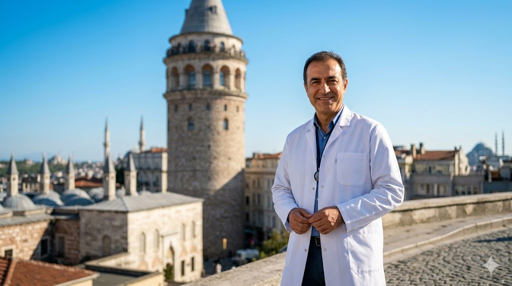جراح تجميل يبتسم أمام برج غالاتا في إسطنبول، مما يعكس الثقة والأمان حول تساؤل هل عمليات التجميل خطيرة.