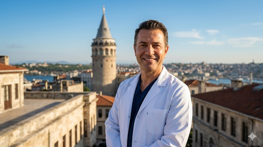  طبيب تجميل متخصص في زراعة شعر الحواجب في تركيا يقف أمام برج غالاتا التاريخي في إسطنبول.