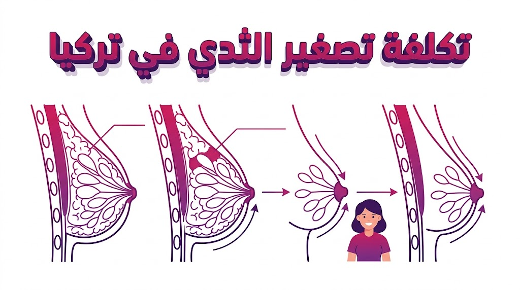  إنفوجرافيك تعليمي يوضح التقنيات الطبية و تكلفة تصغير الثدي في تركيا عبر مخطط تشريحي دقيق.