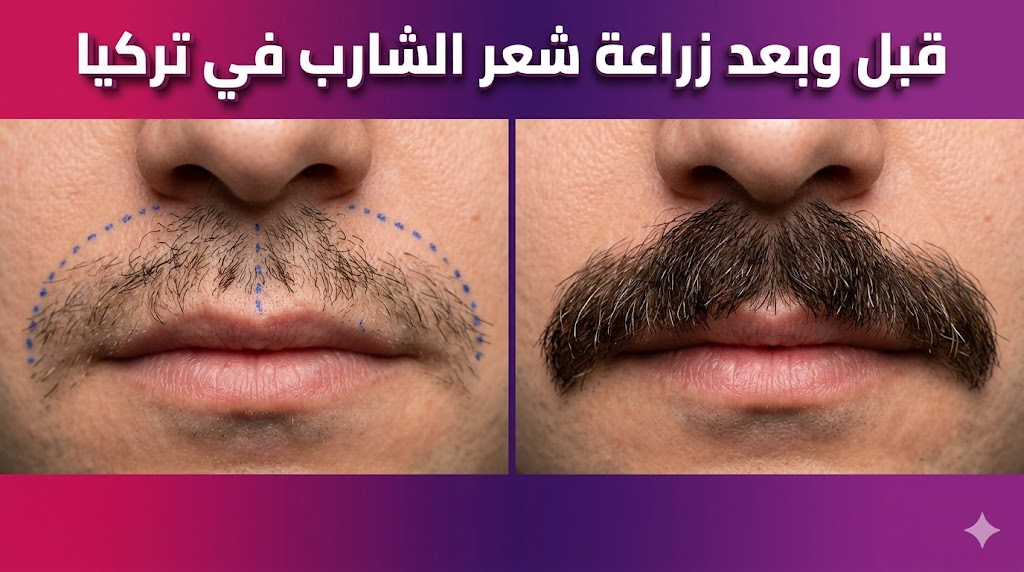  صورة قبل وبعد زراعة شعر الشارب في تركيا تظهر الفرق في الكثافة والمظهر الطبيعي للشارب بعد العملية.