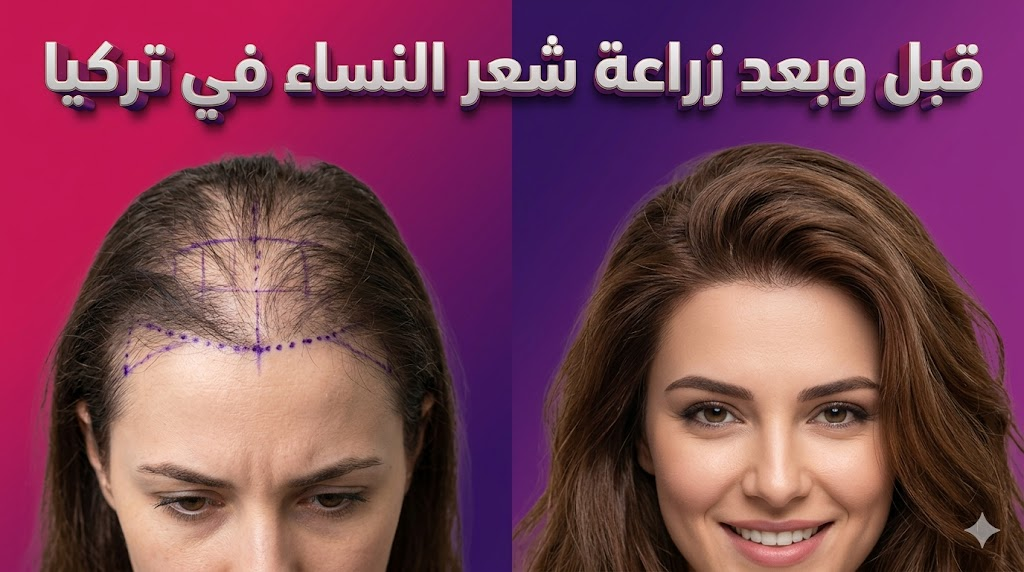 مقارنة قبل وبعد تظهر نتائج زراعة شعر النساء في تركيا مع تكثيف ملحوظ في الشعر وتحديد خط الرأس الأمامي.