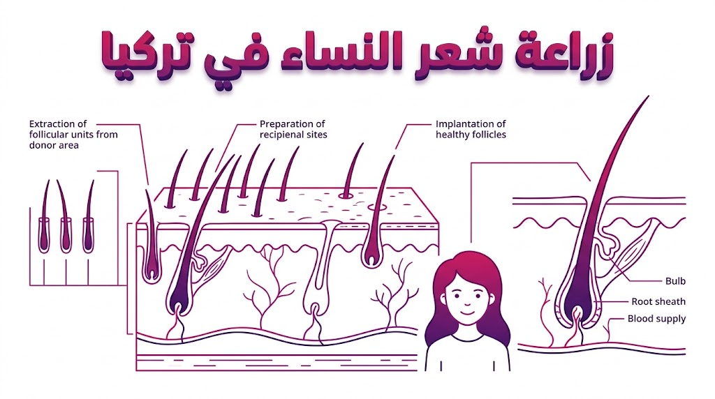 إنفوجرافيك تعليمي يشرح العلم التشريحي خلف زراعة شعر النساء في تركيا مع مخطط لبصيلات الشعر وتوزيعها.