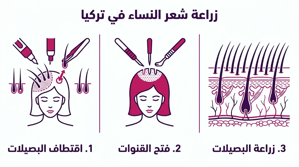  ملصق إنفوجرافيك يوضح مراحل زراعة شعر النساء في تركيا: الاقتطاف، فتح القنوات، وزراعة البصيلات.