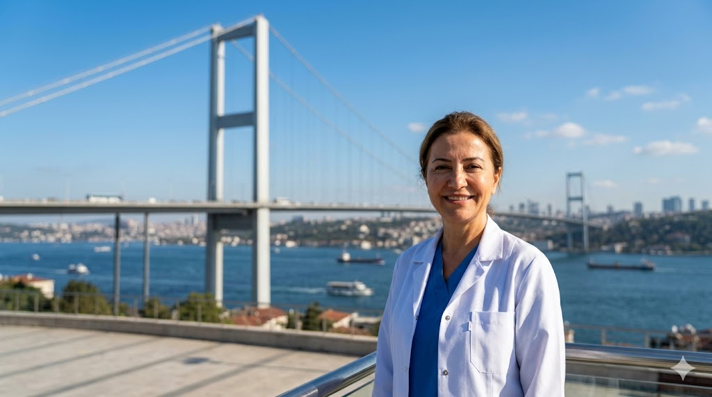  طبيب متخصص في زراعة شعر النساء في تركيا يقف أمام جسر البوسفور في إسطنبول، يمثل الثقة والاحترافية الطبية.