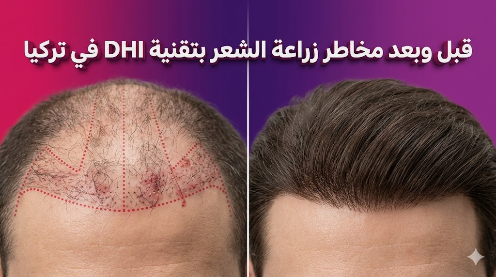 مقارنة قبل وبعد توضح الفرق بين زراعة غير ناجحة والنتائج المثالية لتجنب مخاطر زراعة الشعر بتقنية DHI في تركيا.