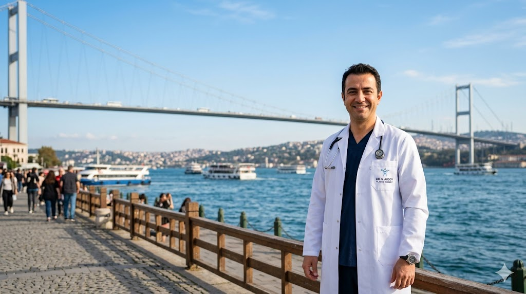 طبيب تجميل مختص يقف أمام جسر البوسفور، يمثل الثقة والجودة المرتبطة بـ تكلفة تصغير الثدي في تركيا.