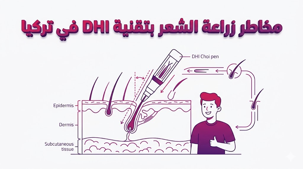 إنفوجرافيك طبي تشريحي يوضح الآلية العلمية وكيفية تجنب مخاطر زراعة الشعر بتقنية DHI في تركيا عبر الزوايا الصحيحة.