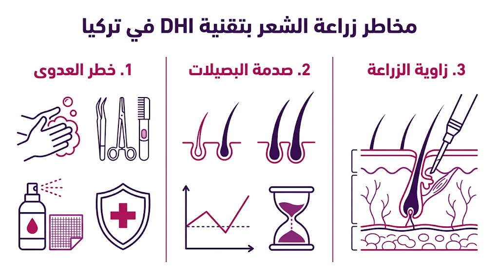  إنفوجرافيك مقسم لثلاثة أجزاء يشرح أهم مخاطر زراعة الشعر بتقنية DHI في تركيا وكيفية الوقاية منها.
