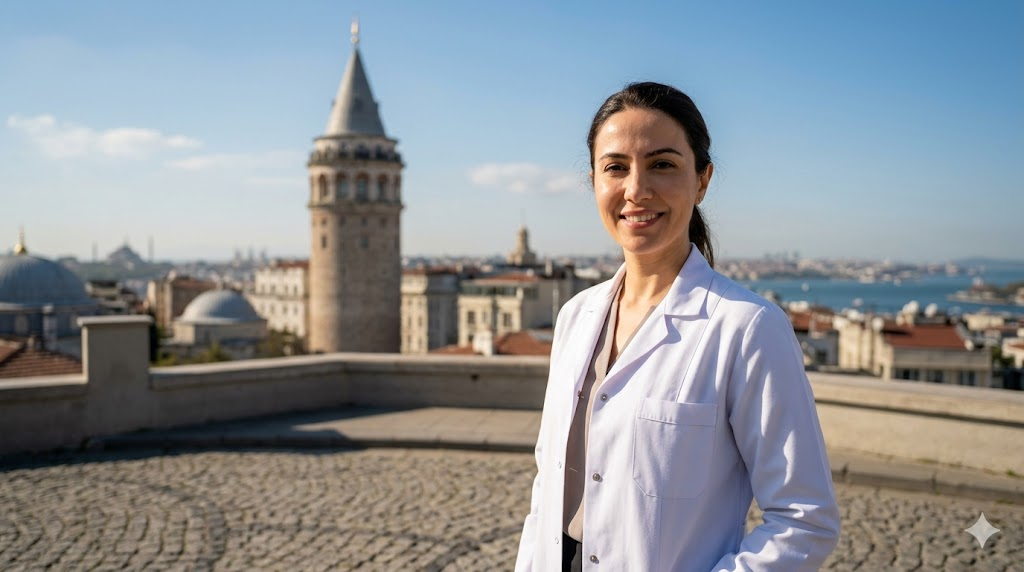  طبيب مختص في تركيا يقف أمام برج غالاتا، يقدم استشارات حول مخاطر زراعة الشعر بتقنية DHI في تركيا.