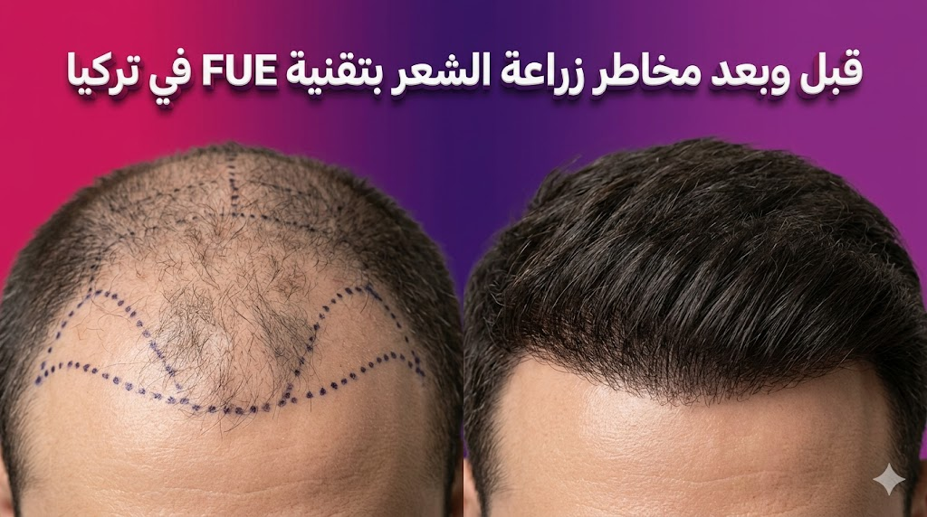  مقارنة قبل وبعد توضح نتائج العملية وتجنب مخاطر زراعة الشعر بتقنية FUE في تركيا بشكل احترافي.