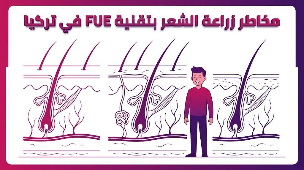  مخطط تشريحي يوضح بنية البصيلات لتفادي مخاطر زراعة الشعر بتقنية FUE في تركيا وضمان سلامة فروة الرأس.