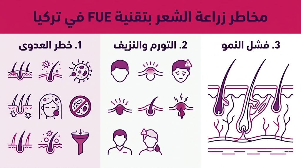 إنفوجرافيك تعليمي يستعرض أهم 3 نقاط حول مخاطر زراعة الشعر بتقنية FUE في تركيا وكيفية التعامل معها طبياً.