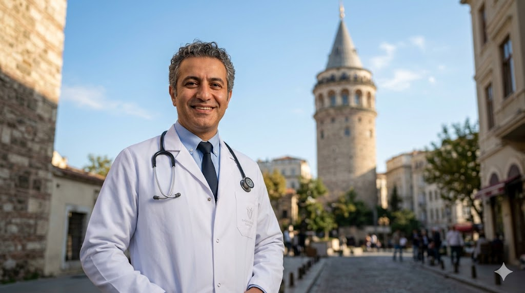طبيب مختص في تركيا يقدم استشارات حول تجنب مخاطر زراعة الشعر بتقنية FUE في تركيا أمام برج غالاتا.