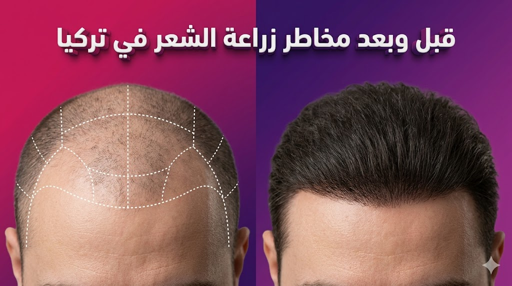 مقارنة قبل وبعد تظهر التخطيط الطبي الدقيق لتجنب مخاطر زراعة الشعر في تركيا والحصول على نتائج كثيفة وآمنة.