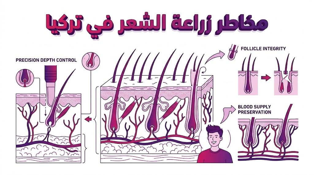 : مخطط طبي تشريحي يوضح كيفية حماية البصيلات وتجنب مخاطر زراعة الشعر في تركيا من خلال الدقة الطبية.