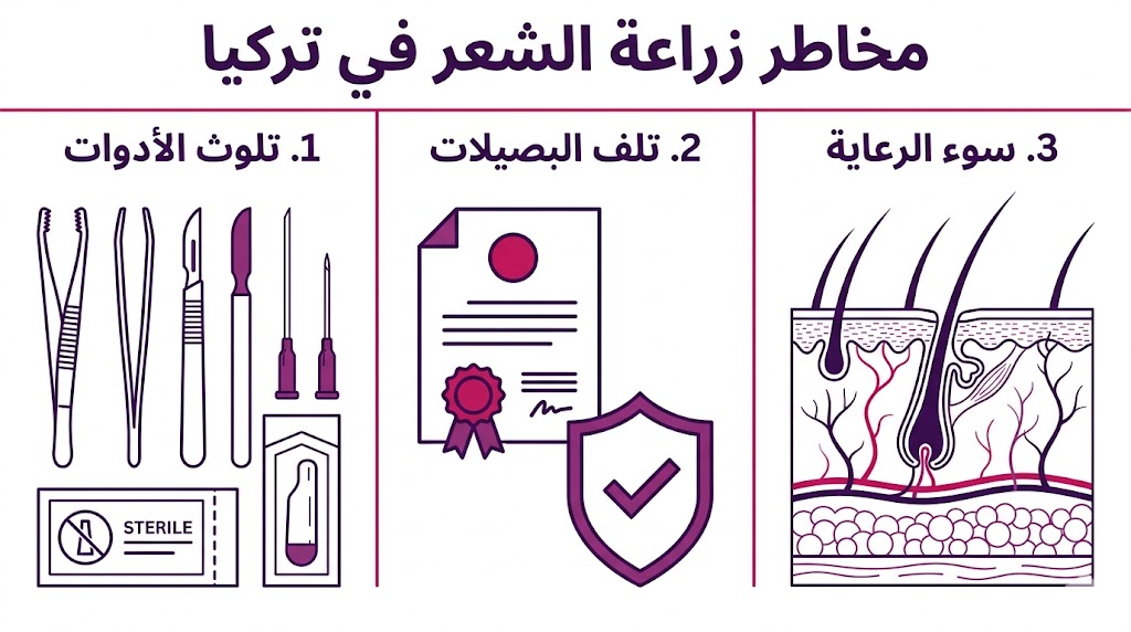 إنفوجرافيك طبي يلخص أهم مخاطر زراعة الشعر في تركيا المتعلقة بتعقيم الأدوات، سلامة البصيلات، والرعاية اللاحقة.