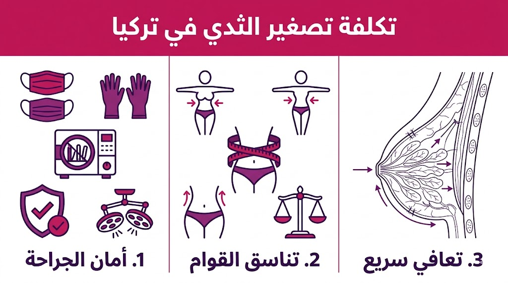 بوستر إنفوجرافيك مقسم لثلاثة أجزاء يشرح مميزات و تكلفة تصغير الثدي في تركيا.