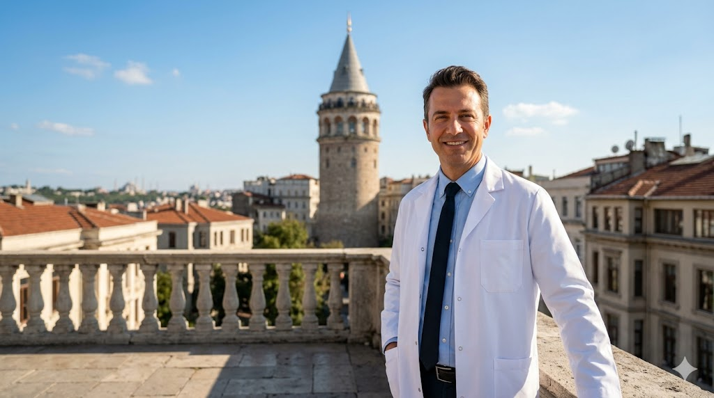  طبيب خبير يقف أمام برج غالاتا في اسطنبول لتقديم نصائح حول تجنب مخاطر زراعة الشعر في تركيا بأسلوب آمن.