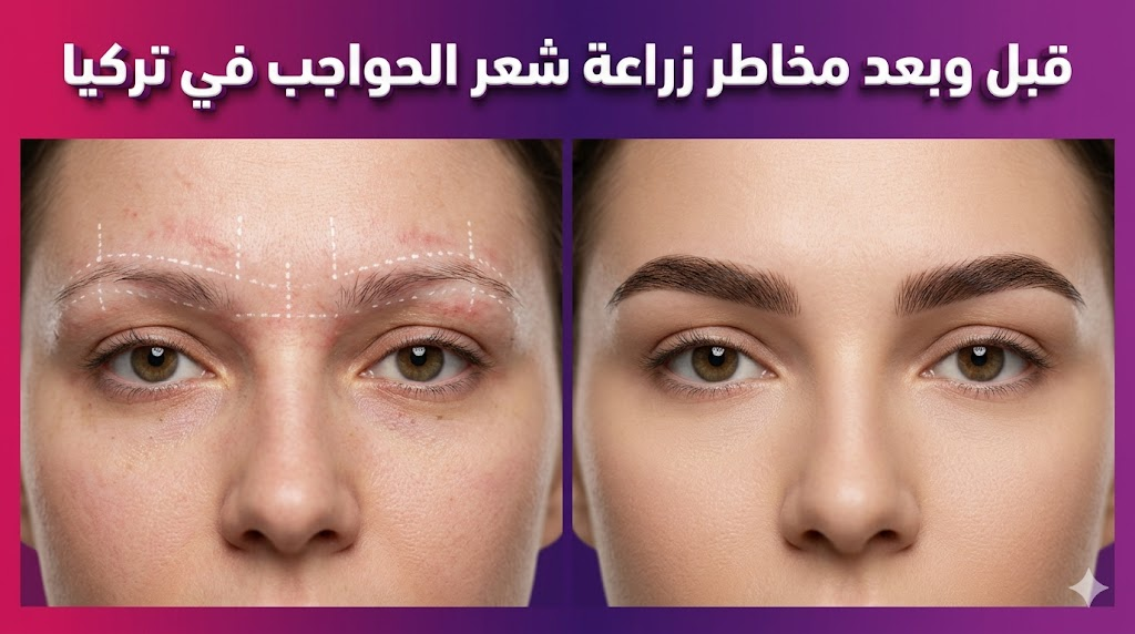  صورة قبل وبعد توضح نتائج العملية مع تسليط الضوء على مخاطر زراعة شعر الحواجب في تركيا من خلال مقارنة الكثافة والشكل النهائي.