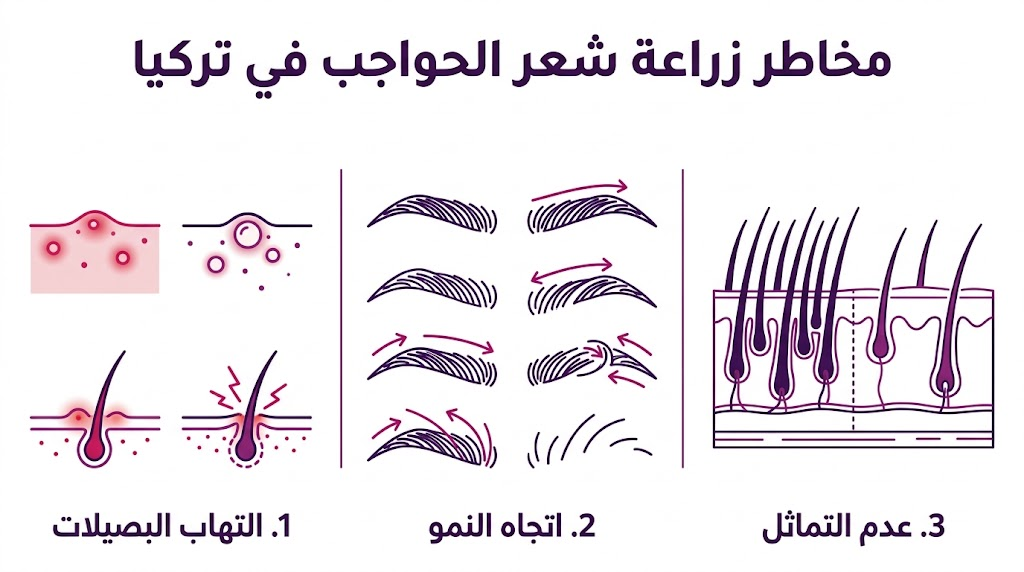 إنفوجرافيك مقسم لثلاثة أقسام يشرح مخاطر زراعة شعر الحواجب في تركيا المتعلقة بالالتهاب واتجاه نمو الشعر وتماثل الحاجبين.