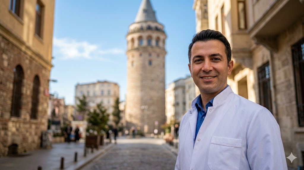  طبيب تجميل متخصص في معالجة مخاطر زراعة شعر الحواجب في تركيا يقف أمام برج غالاتا في مدينة اسطنبول.