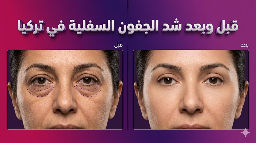 مقارنة قبل وبعد عملية شد الجفون السفلية في تركيا تظهر اختفاء الانتفاخات والحصول على مظهر عيون شاب ومشدود.