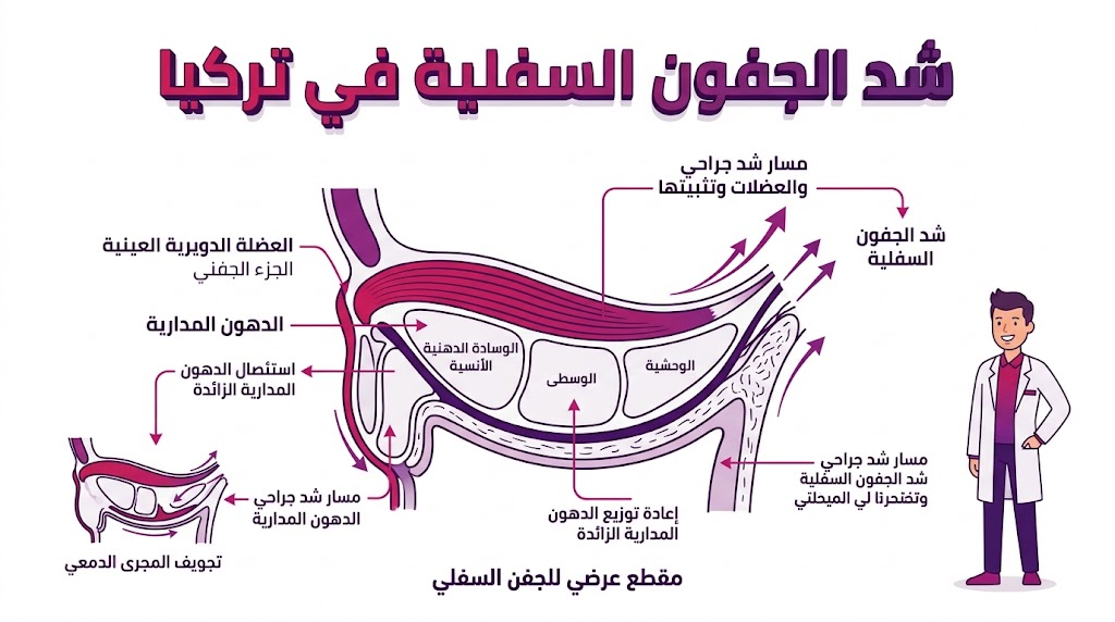 إنفوجرافيك طبي يوضح التشريح الداخلي وخطوات عملية شد الجفون السفلية في تركيا بأسلوب الرسم الهندسي التعليمي.