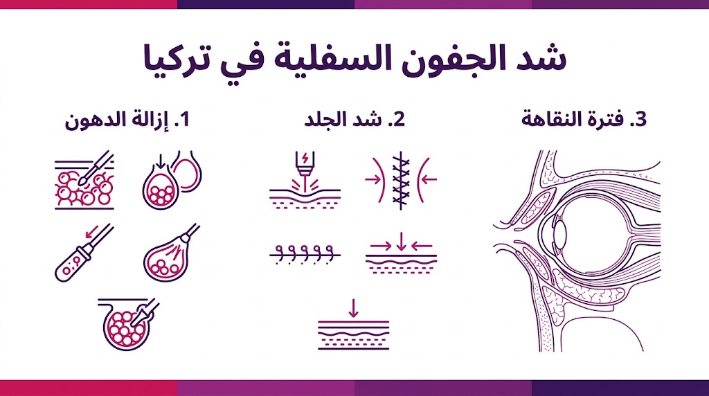 ملصق إنفوجرافيك طبي مقسم لثلاثة أقسام يشرح مراحل شد الجفون السفلية في تركيا من إزالة الدهون إلى شد الجلد والتعافي.
