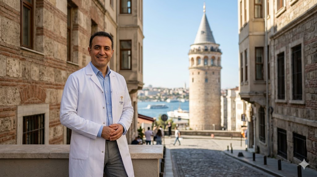 طبيب تجميل خبير يقف أمام برج غالاتا في اسطنبول، يمثل جودة وموثوقية عمليات شد الجفون السفلية في تركيا.