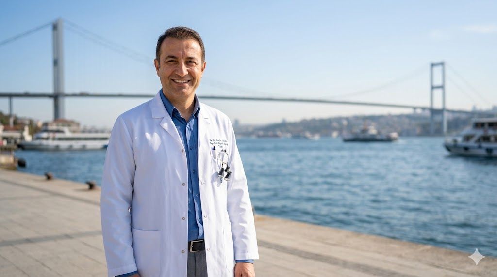 طبيب تجميل متخصص في شد الوجه العميق في تركيا يقف أمام جسر البوسفور في اسطنبول بجودة فوتوغرافية عالية.